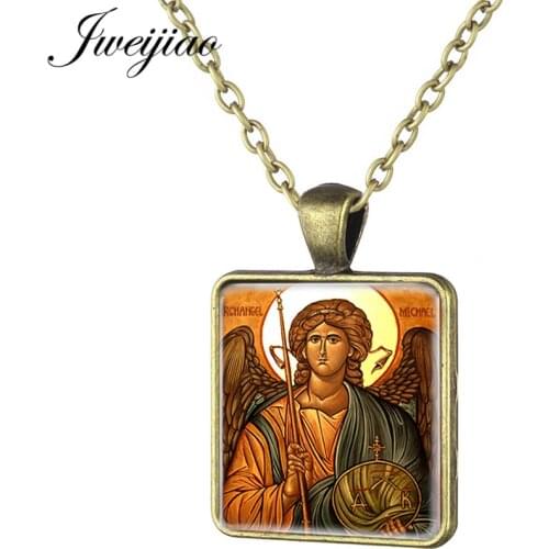 JWEIJIAO Vintage Jewelry Michaelmas Chams Necklaces St.Michael Art Picture Glass Cabochon Pendant Jewelry Gift MC04