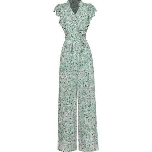 V-Neck Ruffles Butterfly Sleeve Sash Belt Wide Leg Long Pants Green Floral Jumpsuits One Piece Overall