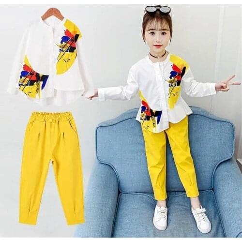 Children Clothing Spring Autumn print tops+ yellow pant Girls Clothing Sets Teen Clothes For Girls 8 10 12 13 Years