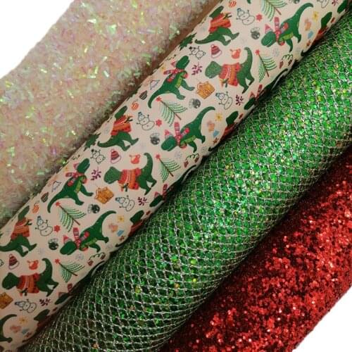 Red Glitter leather, Green Mesh Glitter Vinly Fabric, Christmas Dinosaur Printed Faux Leather Sheets For Bows DIY 21x29CM KM696