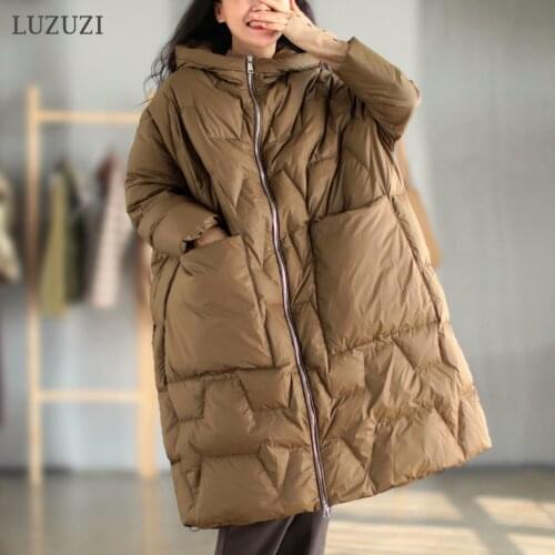 LUZUZI New Winter Down Jacket Female 2021 Hooded Solid Color Light Warm Duck Down Coat Loose Large Size Jackets Women Parkas