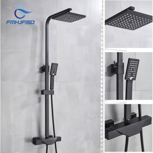 Matte Black Shower Faucet Thermostatic Shower Set Dual Handle Rain Waterfall Bath Shower Mixer Column Tap Thermostat Mixer Tap