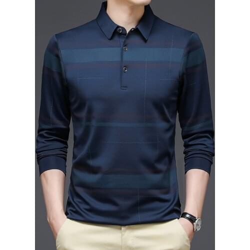 BROWON Spring Autumn T Shirt Men Long Sleeve Turn-down Collar Striped Design Business Work T-shirt Men Slim Fit Plus Size 3XL