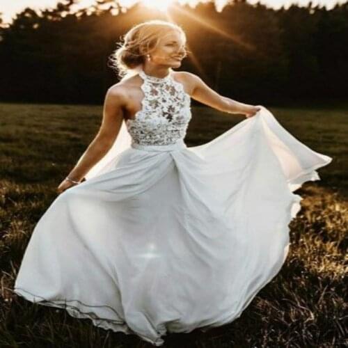 Cheap Boho Wedding Dresses Sexy Backless Top Lace Floor Length Chiffon Sleeveless Bohemian Bridal Gowns 2019 Plus Size Under 100