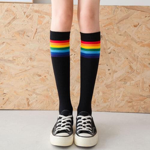 Luxury Rainbow Stripe knee Long Socks Woman Cotton Fashion Colorful High Quality Female Leg Socks Vintage Hiphop Skateboard Sock