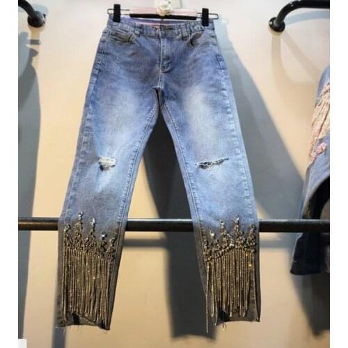 2019 Spring New Heavy Bead-fringed Drilled High-waist Jeans Pants Womens Slim Stretch Diamond Denim Trousers Girls Pencil Pants