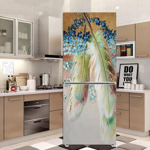 Painted Feathers Elegant Fridge Door Sticker Self Adhesive PVC Waterproof Home Wall Decor Poster Decals Easy to Stick Decoration