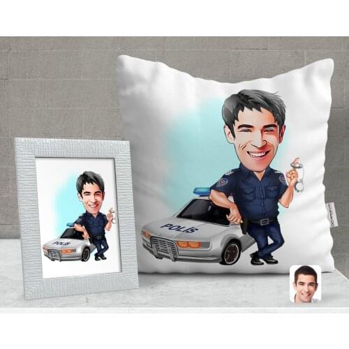 Personalized Male Police Caricature Of Decorative pillow And Frame Gift Seti-2