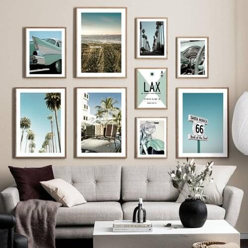 Hollywood Classic Car Poster Highway Scenery Palm Plant Canvas Painting Nordic Home Decorative Print Wall Art Room DecorPicture