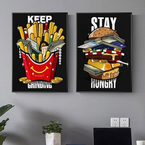 Keep Grinding And Stay Hungry Success Poster Painting On The Wall Art Cartoon Hamburger Money Canvas Prints Mural Pictures