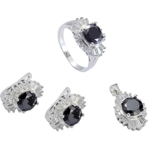 Eulonvan Luxury 925 sterling silver women Engagement Wedding jewelry sets (ring/earring/pendant) Black Cubic Zirconia S-3716set