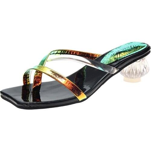 Slippers women 2019 Summer Outdoor Casual Mixed Colors Narrow band Mid Heel Square Toe Fashion Ladies Slipper shoes 35-39