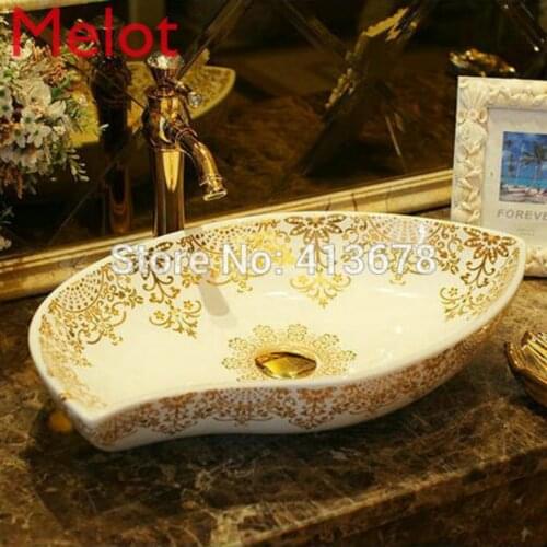 Modern Irregular Golden Flowers White Countertop Lavobo Wash Basin Ceramic Bathroom Sink