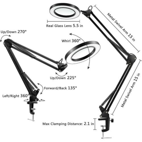 LED 5X Magnifier Lamp Eye-Caring Reading Magnifying Lamp 3-Color Modes Light