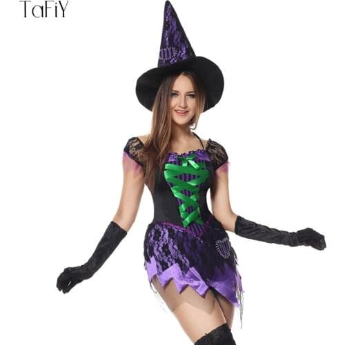 TaFiY 2017 Sexy Witch Costume Women Magic Moment Costume sexy Adult Witch Halloween Costume Fancy Dress with Hat Cosplay Costume