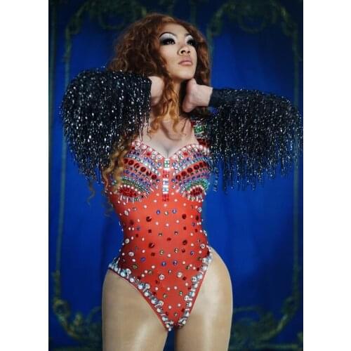 Nightclub DJ Singer Dancer Dance Costume Red Crystals Pearls Skinny Bodysuit Elastic Leotard Sexy Stage Wear Performance Catsuit