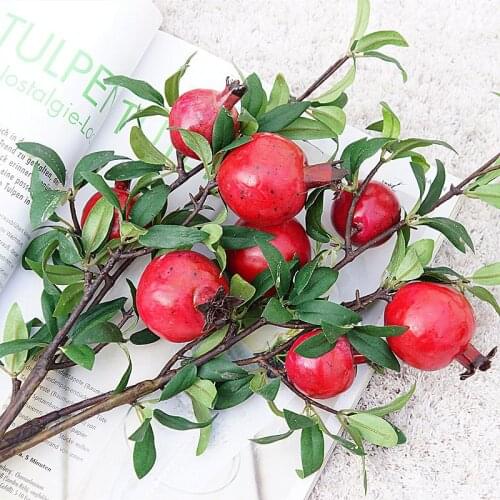 2Heads Riped Pomegranate branch with leaves red Artificial flowers for home garden DIY decoration berry flores artificiales