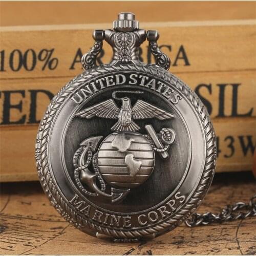 Vintage Grey United State Marine Corps Design Quartz Pocket Watch Exquisite Souvenir Pendant Necklace Fob Chain Retro Clock