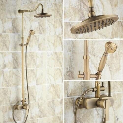 Vintage Retro Antique Brass Single Handle Bathroom 8 Inch Round Rain Shower Faucet Set Bath Mixer Tap Hand Shower mrs205