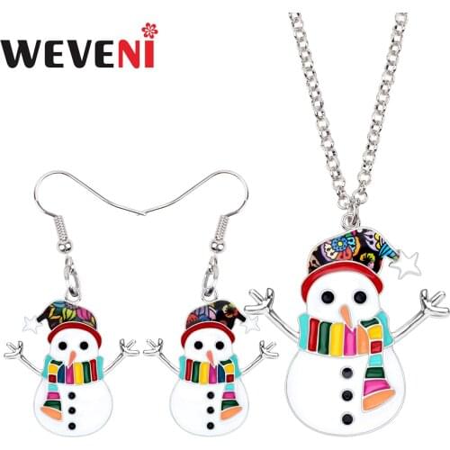 WEVENI Enamel Alloy Christmas Anime Snowman Jewelry Sets Earrings Drop Dangle Necklace Pendant Decoration For Women Girls Gift