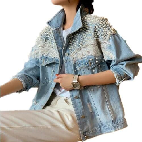 Heavy industry fashion diamond beaded pearl loose denim jacket women laple spring autumn top outwear