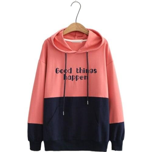 Letter Embroidery Casual Women Hooded Sweatshirts 2020 Autumn Long Sleeve Patchwork Drawstring Cotton Hoodies Loose Pullovers