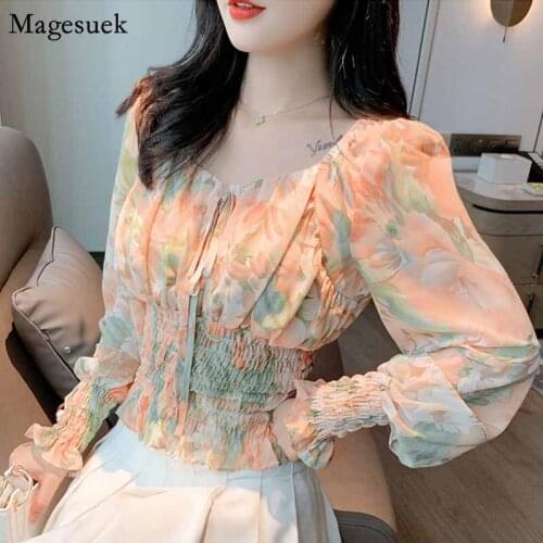 2020 Women Blouses Bow Square Collar Fashion Casual Blusas Autumn Long Sleeve Print Chiffon Shirts Womens Tops and Blouses 10537