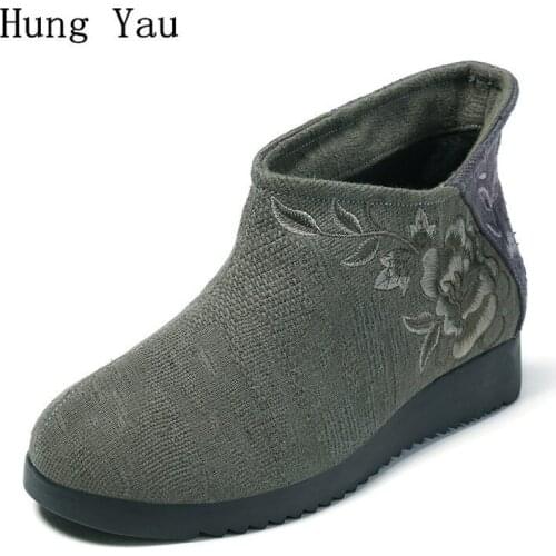 Women Ankle Boots Wedges Embroider Flower National Style Fashion Slip On Autumn Spring Female Casual Shoes Platform Comfortable