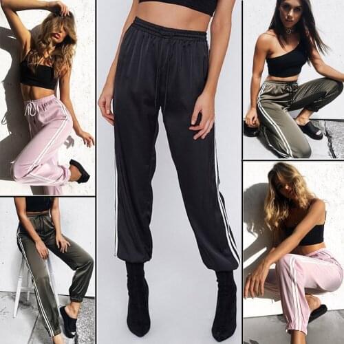 Women Casual Long Drawstring Pants Summer Elastic Waist Side Striped Loose Work Trousers
