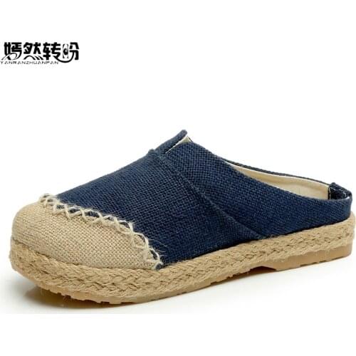 Women Slippers Thai Boho Cotton Linen Canvas Cloth Shoes National Handmade Woven Round Toe Flat Shoes