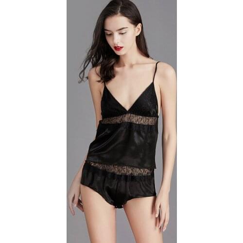 Lace Sexy Nightwear V neck with Lace Summer Vest and Shorts Suit Women Pijama Pareja Two Piece Set