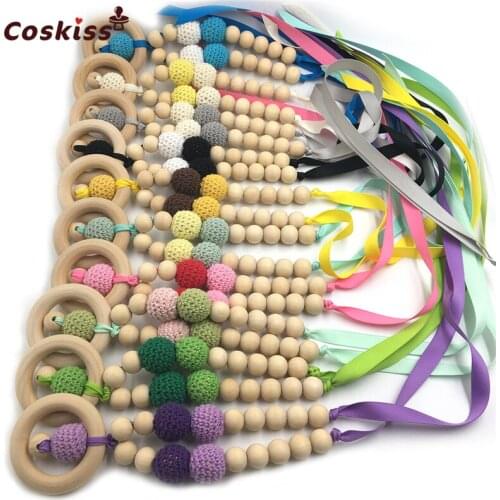 10pcs Baby Teether Necklace Safe Bright Ribbon Teether Necklace Organic Natural Wooden Crochet Bead Mom Kids Wooden Teether