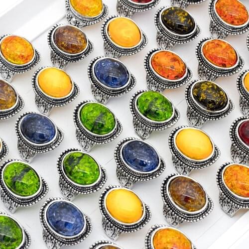 20Pcs/Lot Vintage Medium Natural Stone Rings Rose Quarts, Gold Sand Stone, Green Jadee, Opal Mixed Size