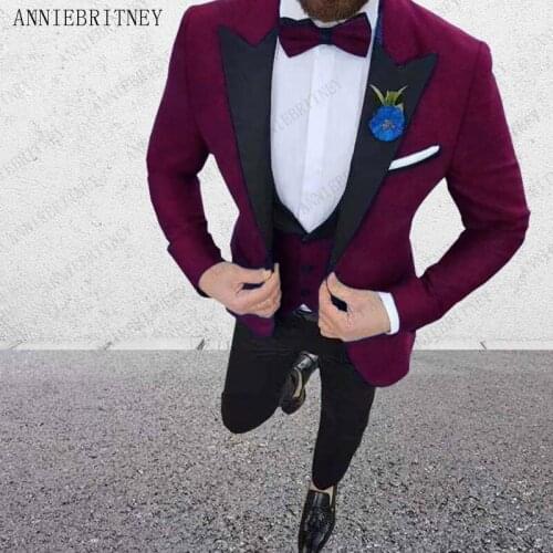 2018 Tailored Burgundy Purple Suit Men Groom Slim Fit 3 Piece Tuxedo Prom Wedding Suits Blazer Terno Masuclino Jacket+Pant+Vest