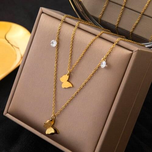 316L Stainless Steel 2021 New Fashion Upscale Jewelry 2 Layer Butterflys Zircon Charms Chain Choker Necklaces Pendants For Women