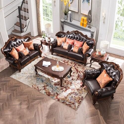 American Solid Wood Leather Sofa Combination European Furniture Living Room Leather Art Sofa Large Apartment
