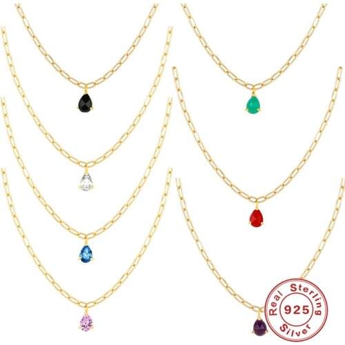 Canner 925 Sterling Silver Necklace Paper Clip Chain Necklace For Women 7 Color Water Drop Collares Bijoux Femme Jewelry Gift