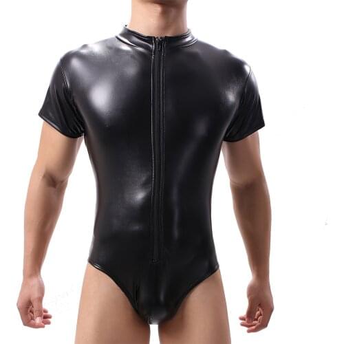 PU Leather Bodysuit Men Wetlook Wrestling Singlet Short Sleeve Stretch Front Zipper Bodysuits Sexy Black Clubwear Undershirts
