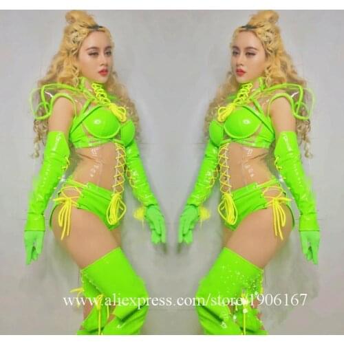 Fluorescent Green Sexy Lady Party Evening Dress Stage Performance Models Ballroom Costumes Masquerade Cosplay DS DJ Clothes