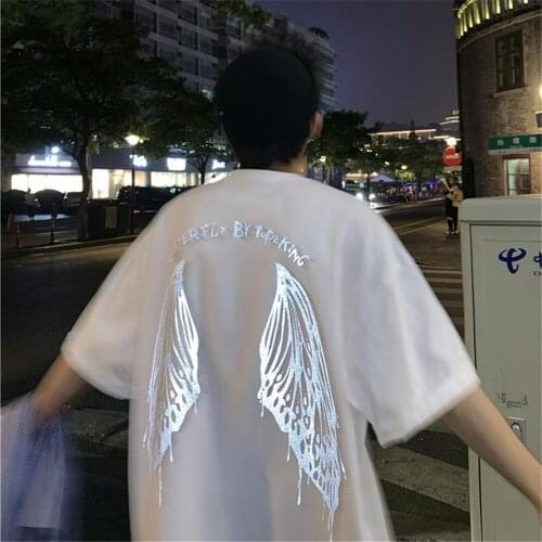 Black Wings T Shirt Streetwear Men Summer Amine Cotton T-shirt Casual Cartoon Tops Funny Japan Reflective Tshirt Streetwear