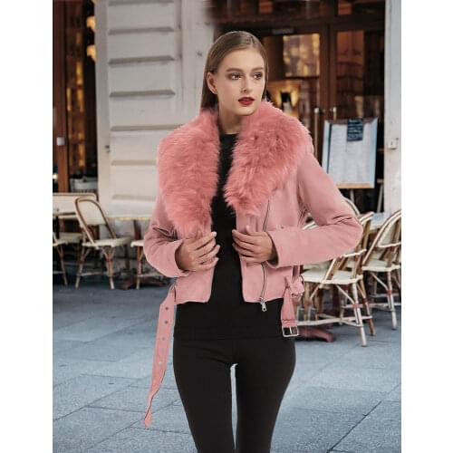 Giolshon 2021 New Winter Women Thick Warm Faux Suede Jacket Coat With Belt Detachable Faux Fur Collar Leather Jackets Outwear