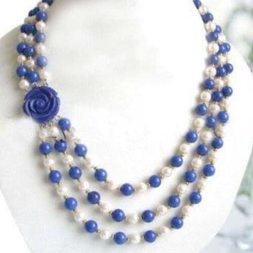 Beautiful white round fashion freshwater natural pearl lapis lazuli stone trendy beads diy necklace flower clasp 35 inch BV362
