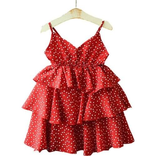 Little Girls Summer Sling Layered Dress Children Ruffles Love Printed Vestido Kids Red Tiered Skirts Casual Dress for Girl 2-6T