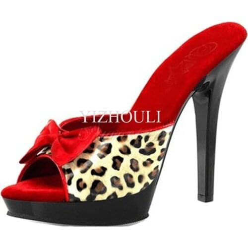 Summer bow decoration leopard print vamp, 13-20 cm sexy model stage pole dance performance, dance shoes