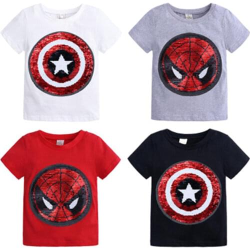 Summer T-Shirt Boys Superhero Sequin Reversible Tops Tees Kids Spiderman Face-changing Captain America T Shirt Children Clothes