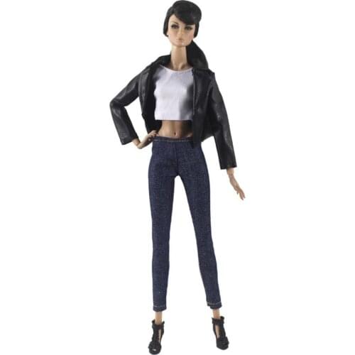 Fashion 1/6 BJD Clothes Set Black Leather Jacket & White Tank & Jeans Pants For Barbie Doll Outfits Top Denim Trousers Accessory