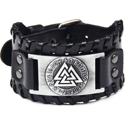 Toten Design Nordic Viking Odin Hrungers Heart Bracelet Mens Hand Woven Wide Leather Wristband Adjustable Bangles Jewelry