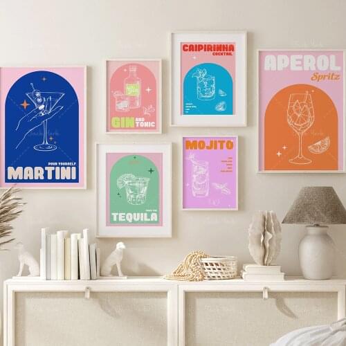 Cocktails Prints Gallery Wall Set of 6,Retro, Mid Century Art, Wall Art, Vintage Liquor, Bar Art, Games Room Prints