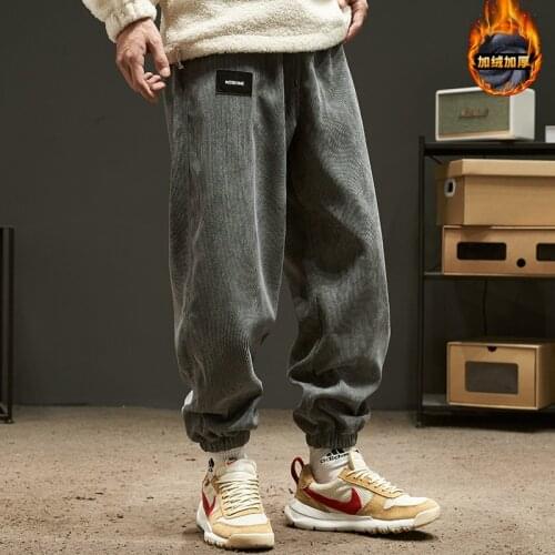 Fall Winter Men Japanese Style All-Match Corduroy Embroidered Standard Casual Leggings Boy Loose Overalls And Velvet Cargo Pants