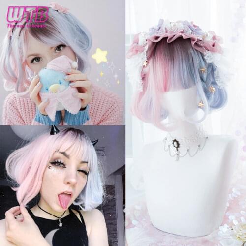 WTB Synthetic Short Straight Wig with Bangs for Women Pink Blue Ombre Bob Wigs Dark Roots Lolita Cosplay Wigs